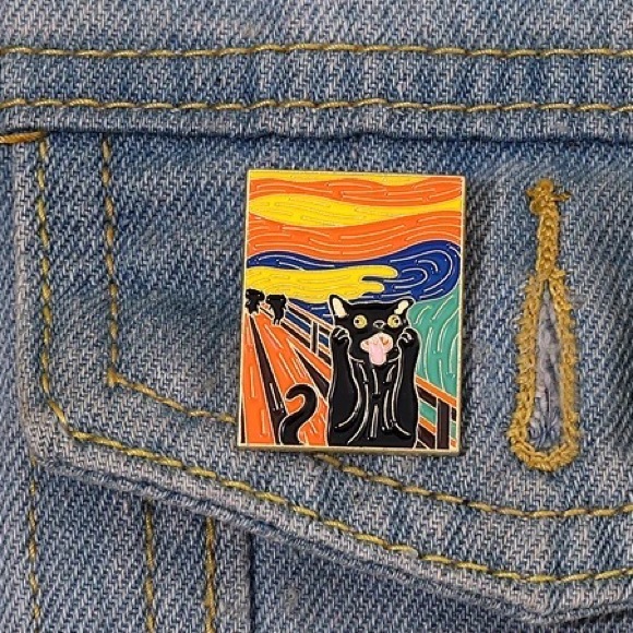 Black Cat Screaming Enamel Pin The Scream Painting Parody Artistic Cats Mom Gift - Picture 3 of 9